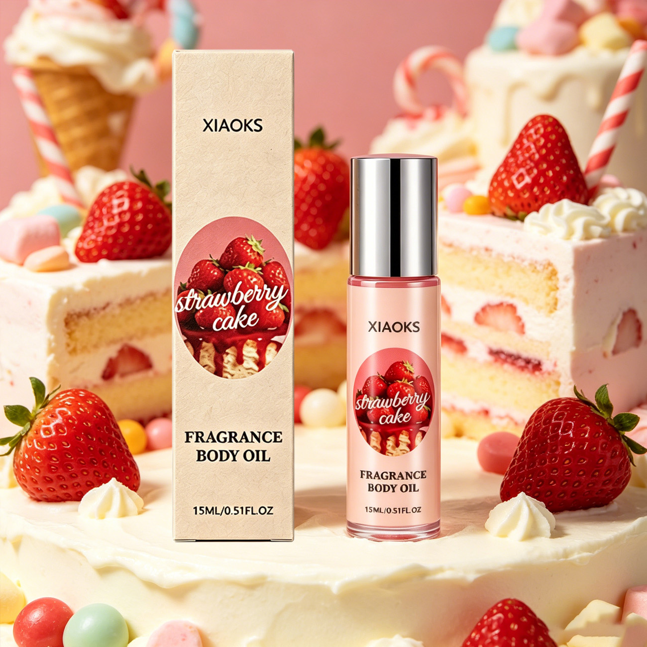 Perfume Fragrance Bottle - 1本のストロベリーケーキ型スイートロールオン香水 - 魅力的なフローラルロールオンフレグランス、甘いストロベリーケーキの香り、甘い香り、魅力を高める長持ちする香り、男性を惹きつけるバレンタインデーやカップルの日ギフト、スタイリッシュなグラデーションガラスボトルデザイン、デートやカジュアルウェアに最適、フレッシュでフルーティーなフローラルの香り、あなたの完璧な選択。