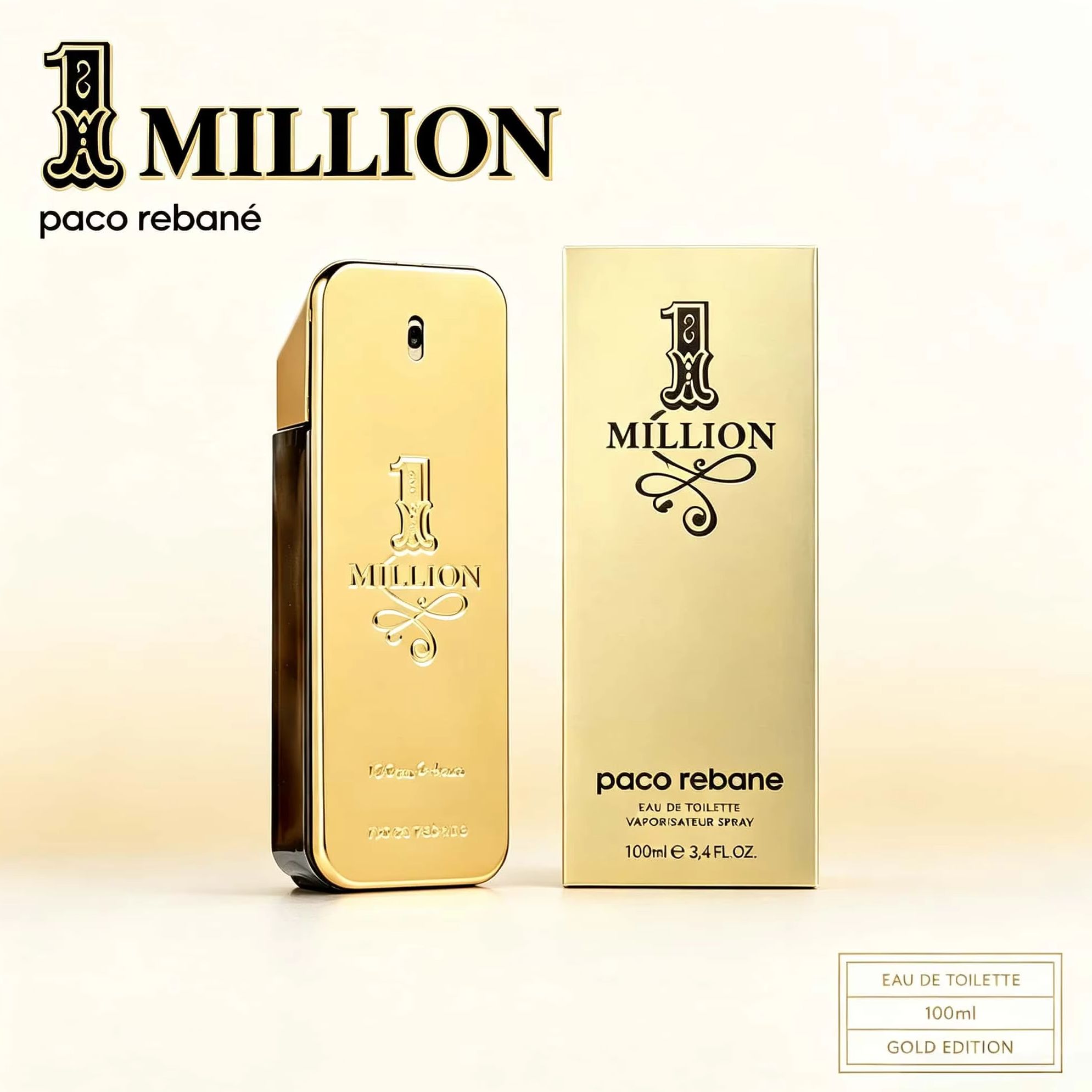 Perfume Fragrance Bottle - パコラバン 1ミリオン オードトワレ ユニセックスフレグランス 100ml 高級感のあるゴールドメタリックの長方形ボトル