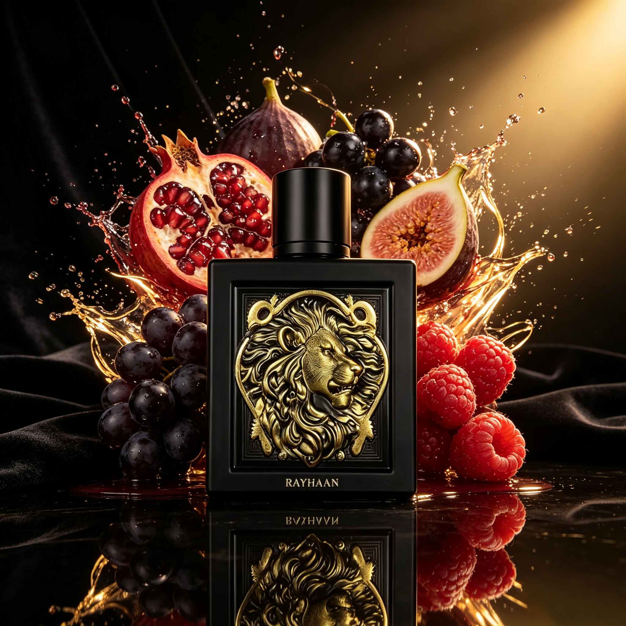 Perfume Fragrance Bottle - レイハン ゴールデンライオン メンズ香水！ プレミアムブラックゴールドエンボス加工ボトル。 魅惑的な長続きする香り、ひと塗りで忘れられない男性的な魅力を演出します。