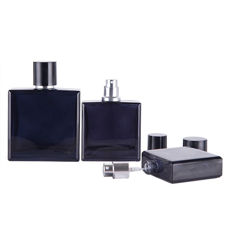 Perfume Fragrance World Qahwa - 透明な正方形の平らなガラスの香水スプレーボトル,化粧品用の詰め替え可能な容器,ポータブルトラベルアトマイザー,ディスペンサー,ダークブルー,30 ml, 50ml